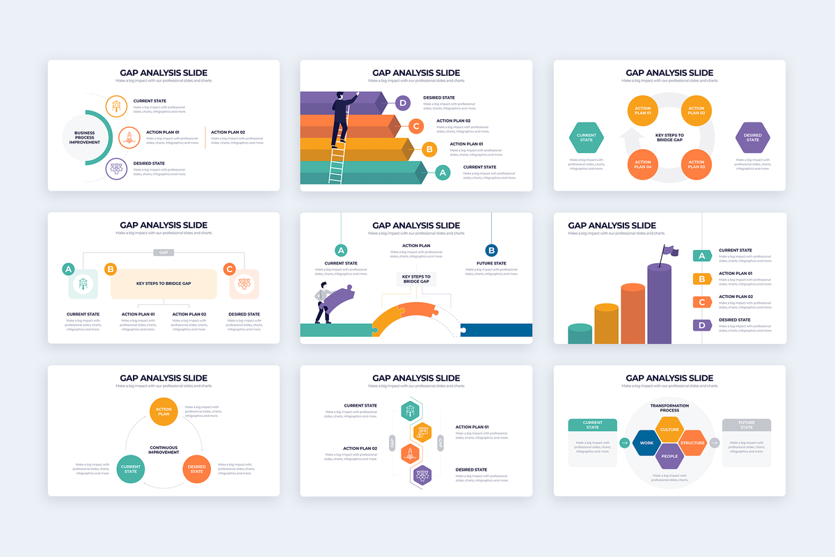 22 Editable PowerPoint Template Diagrams for illustrating Business Gap  Analysis Performance Indicators Tools Methodology with Outline Icons